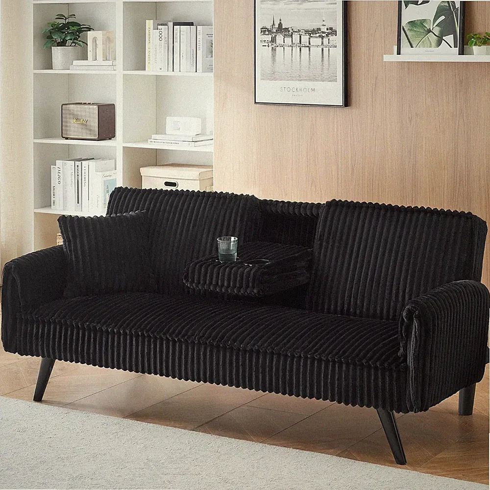 Convertible Tufted Plush Black Corduroy Futon Sleeper Loveseat Sofa Cupholders &