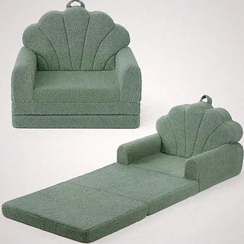 Kids Couch, 2-in-1 Soft Toddler Couch Fold Out, Toddler Chair Green Shell