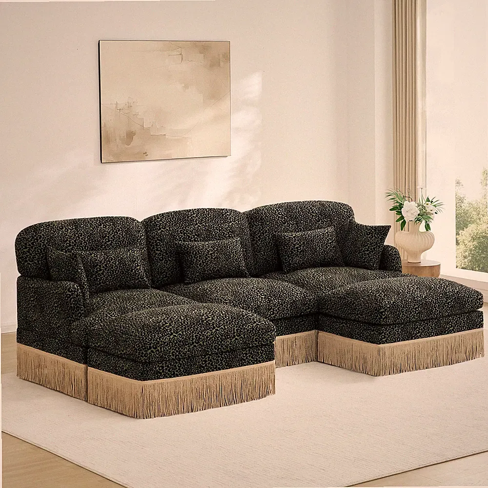 Leopard Print Chenille U-Shaped Sofa with Movable Ottomans, Modern