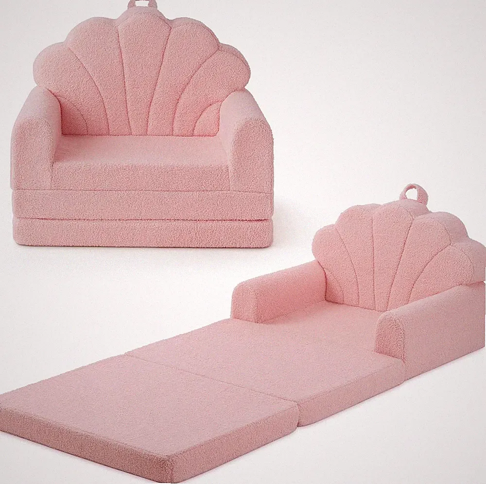 Pink Shell 2-in-1 Kids Couch - Soft Toddler Sofa & Lounger for Playroom