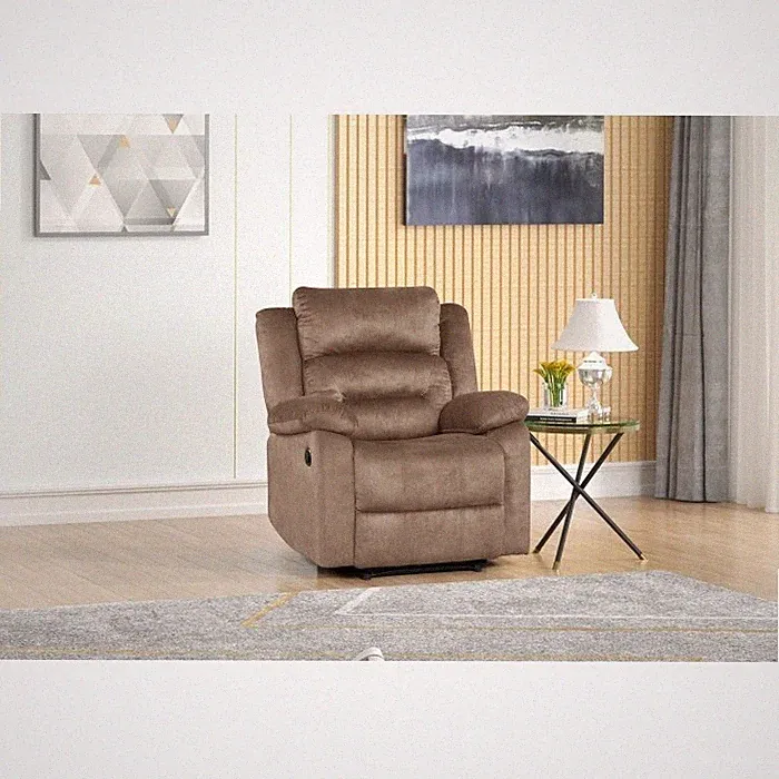 Tan Fabric Tufted Power Recliner Chair w/ Plush Pillow Top Armrest