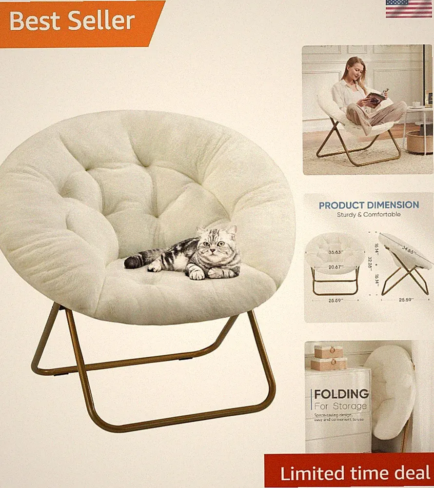 White Faux Fur Foldable Lounge Chair - Chic Seating for Reading & Relaxing